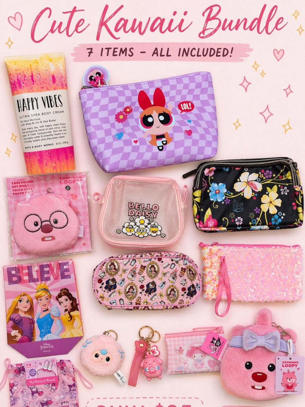 Kawaii Pink Accessory Pouch Bundle
